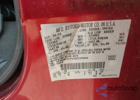 2003 Ford F-250 Lariat/Xl/Xlt из США, поврежденный, VIN 1FTNW21P43ED59886